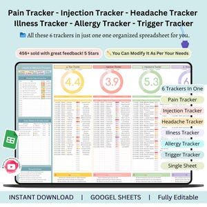 May include: A digital spreadsheet displayed on a laptop screen, featuring trackers for pain, injections, headaches, illness, allergies, and triggers. The screen shows data with color-coded sections and numerical ratings. Text includes "Instant Download" and "Fully Editable."