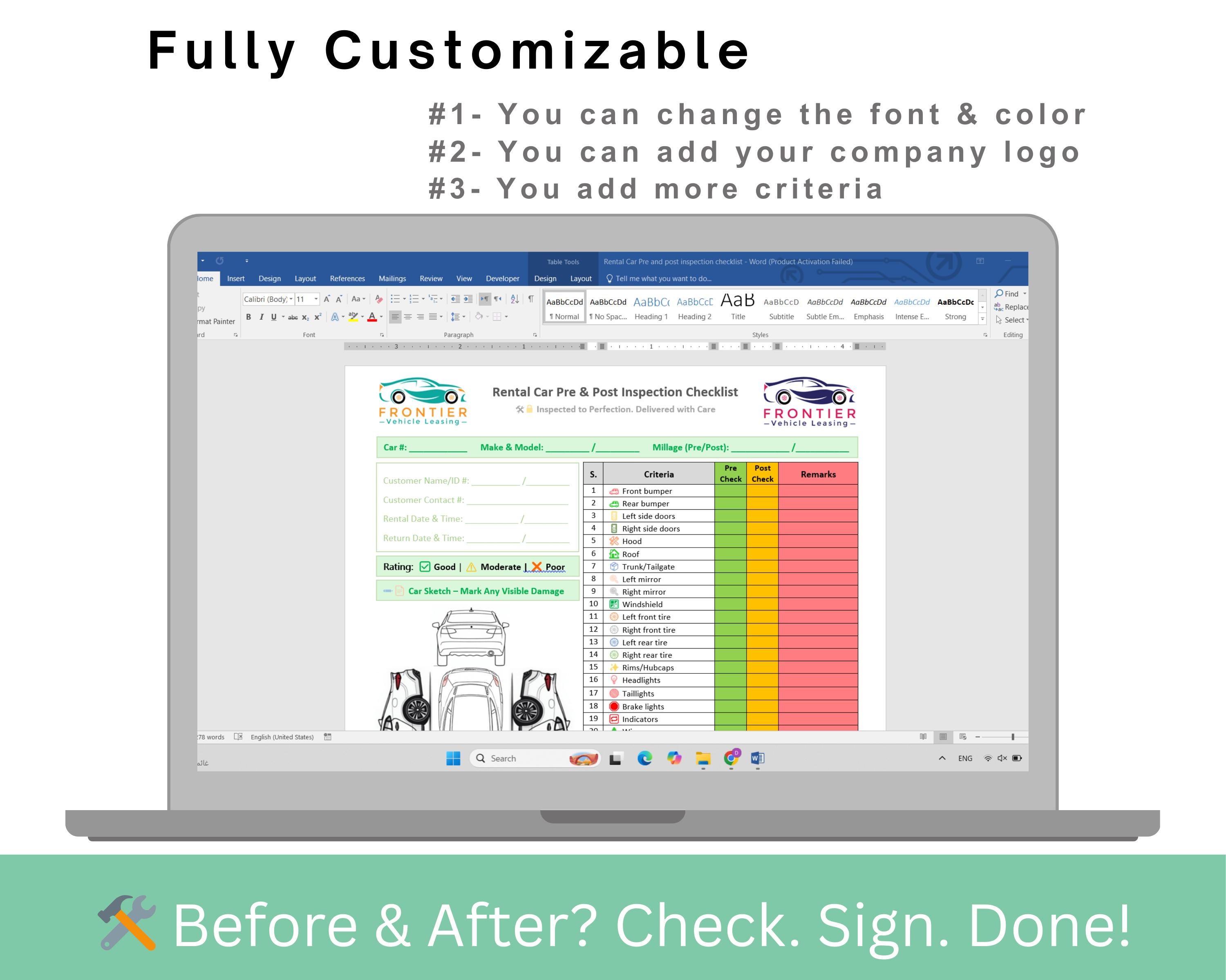 Rental Car Pre & Post Inspection Checklist Template - Rental Car ...