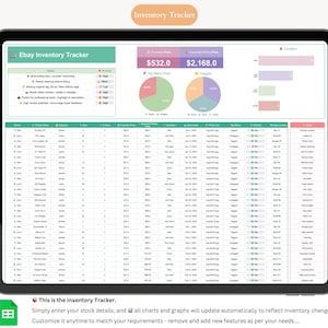 May include: A digital tablet displays an "Ebay Inventory Tracker" spreadsheet. The screen shows data tables, charts, and graphs with the text "Inventory Tracker" at the top. The text "This is the Inventory Tracker" is also visible.