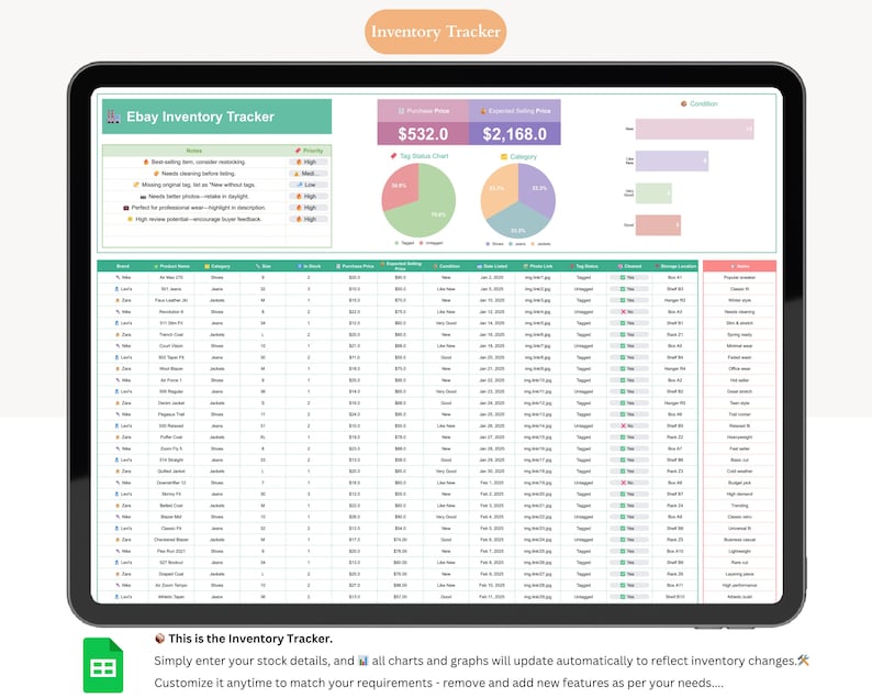 May include: A digital tablet displays an "Ebay Inventory Tracker" spreadsheet. The screen shows data tables, charts, and graphs with the text "Inventory Tracker" at the top. The text "This is the Inventory Tracker" is also visible.