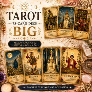 Pode incluir: Um baralho de tarot de 78 cartas com sete cartas ilustradas, incluindo O Mago, A Sacerdotisa, O Louco, Oito de Copas, Cavaleiro de Ouros, Dois de Espadas e Nove de Copas, com o texto TAROT 78-CARD DECK BIG.