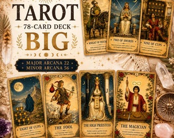 May include: A 78-card tarot deck featuring seven illustrated cards including The Magician, The High Priestess, The Fool, Eight of Cups, Knight of Pentacles, Two of Swords, and Nine of Cups, with text reading TAROT 78-CARD DECK BIG.