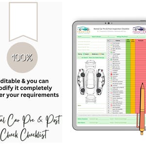 May include: A digital tablet displaying a "Rental Car Pre & Post Inspection Checklist" with a car diagram and a checklist. The tablet is accompanied by a stylus. Text on the tablet includes "Editable & you can modify it completely as per your requirements."