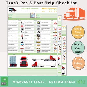 May include: A green and white Microsoft Excel checklist titled "Truck Pre & Post Trip Checklist" with icons and text. The image includes illustrations of semi-trucks and the phrases "Perfect Truck Checklist", "Secure Your Truck", and "Truck Safety First".