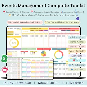 Könnte beinhalten: Ein digitales Event-Management-Toolkit, das auf einem Bildschirm angezeigt wird und einen Event-Tracker, einen Kalender und ein Dashboard umfasst. Die Oberfläche enthält Diagramme, Tabellen und den Text "Events Management Complete Toolkit".