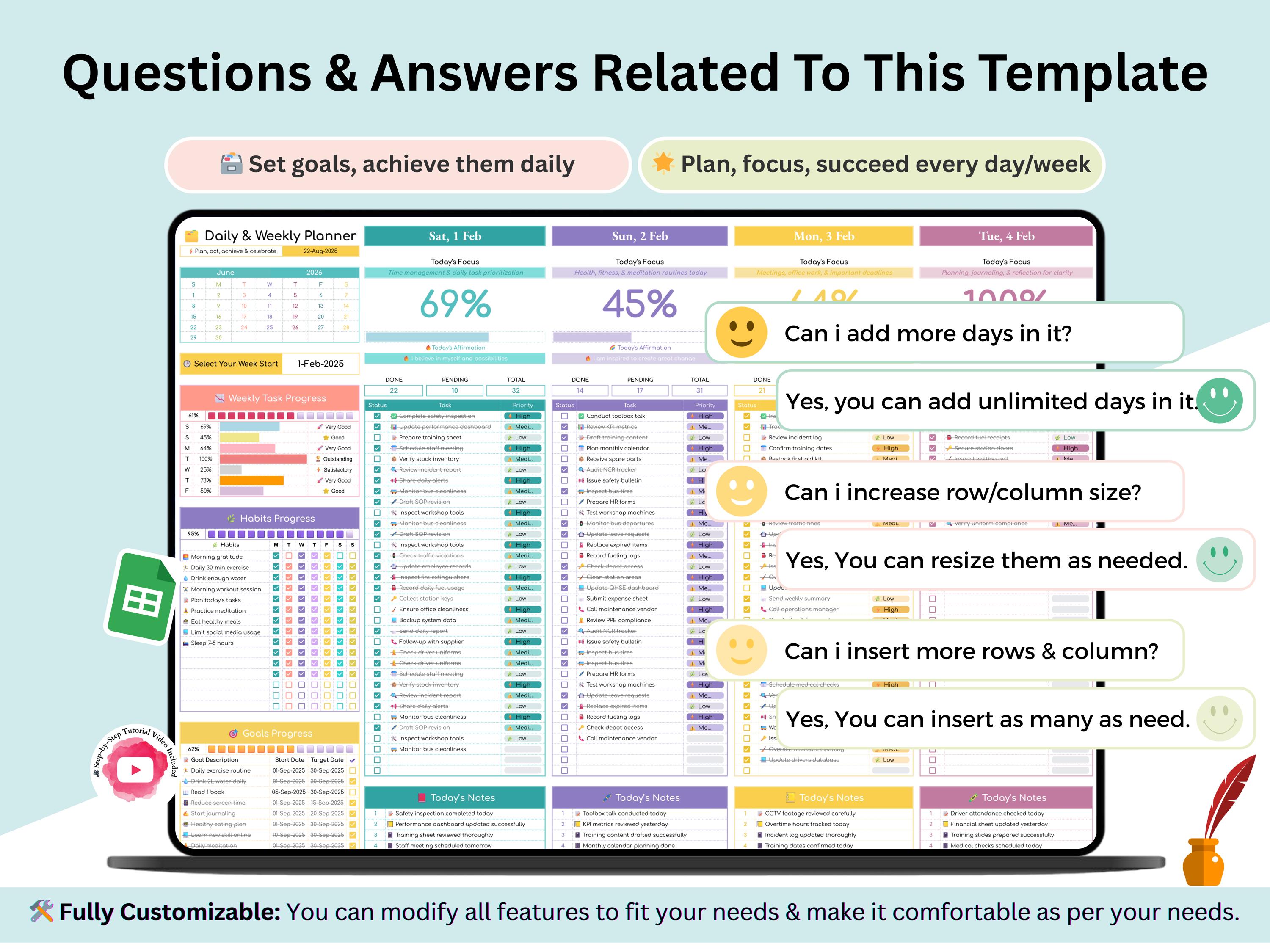 Daily Planner Google Sheets - Weekly Planner Digital Planner - Daily ...