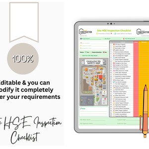 K&ouml;nnte beinhalten: Eine digitale Checkliste f&uuml;r die Inspektion von Gesundheit und Sicherheit auf der Baustelle. Die Checkliste enth&auml;lt einen Plan einer Baustelle und eine Liste der zu inspizierenden Sicherheitsgegenst&auml;nde. Die Checkliste befindet sich auf einem Tablet mit einem gelben Bleistift daneben.