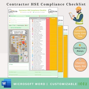 May include: A printable checklist for contractors to ensure safety compliance on a construction site. The checklist includes a safety map, a list of safety items to check, and a section for notes. The checklist is customizable and can be used to help ensure a safe work environment.