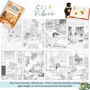 Puede incluir: Un libro para colorear titulado "Cozy Home Coloring Book" con el texto "Cozy Vibes" en cursiva. La imagen presenta varias escenas hogare&ntilde;as acogedoras, incluyendo dormitorios y salas de estar, con el texto "Fall Vibes" en un libro abierto.