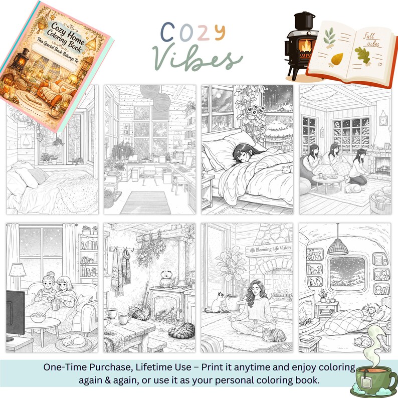 Puede incluir: Un libro para colorear titulado "Cozy Home Coloring Book" con el texto "Cozy Vibes" en cursiva. La imagen presenta varias escenas hogare&ntilde;as acogedoras, incluyendo dormitorios y salas de estar, con el texto "Fall Vibes" en un libro abierto.
