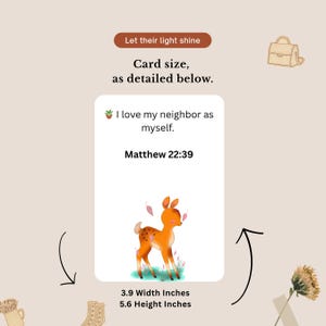 May include: A greeting card with the text "I love my neighbor as myself" and "Matthew 22:39". The card features an illustration of an orange deer with brown spots. The card measures 3.9 inches wide and 5.6 inches high.