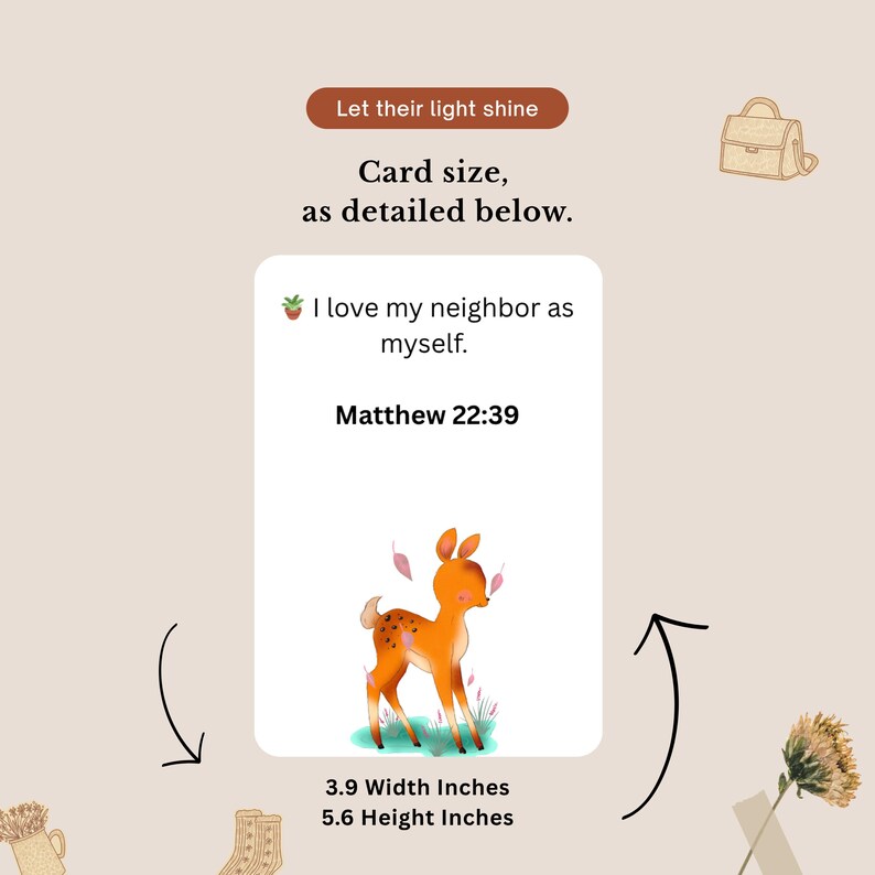 May include: A greeting card with the text "I love my neighbor as myself" and "Matthew 22:39". The card features an illustration of an orange deer with brown spots. The card measures 3.9 inches wide and 5.6 inches high.
