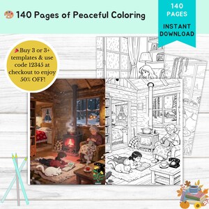 Puede incluir: Una descarga digital con 140 p&aacute;ginas para colorear tranquilas. La imagen muestra una escena de caba&ntilde;a acogedora con una persona leyendo junto a una chimenea. El texto dice "140 p&aacute;ginas de coloreado pac&iacute;fico" y "Descarga instant&aacute;nea".