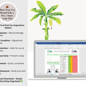May include: A laptop displays a car rental pre & post inspection checklist. The screen shows a spreadsheet with columns for vehicle details and inspection criteria. A green banana tree is in the background. Text on the left side lists the benefits of car inspections.