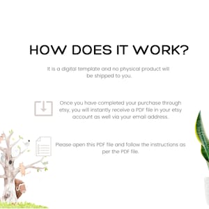 Puede incluir: C&oacute;mo funciona? Es una plantilla digital y no se enviar&aacute; ning&uacute;n producto f&iacute;sico. Una vez que hayas completado tu compra a trav&eacute;s de Etsy, recibir&aacute;s instant&aacute;neamente un archivo PDF en tu cuenta de Etsy y tambi&eacute;n por correo electr&oacute;nico. Abre este archivo PDF y sigue las instrucciones que contiene.