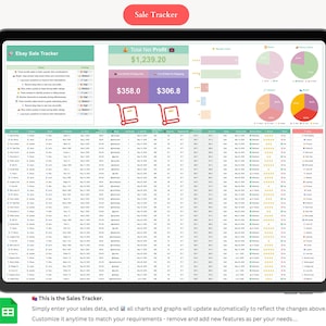 May include: A digital tablet displays a spreadsheet titled "Ebay Sale Tracker." The screen shows charts, graphs, and data tables with financial information. The text "Total Net Profit" is visible, along with other financial metrics. The words "Sale Tracker" are at the top.