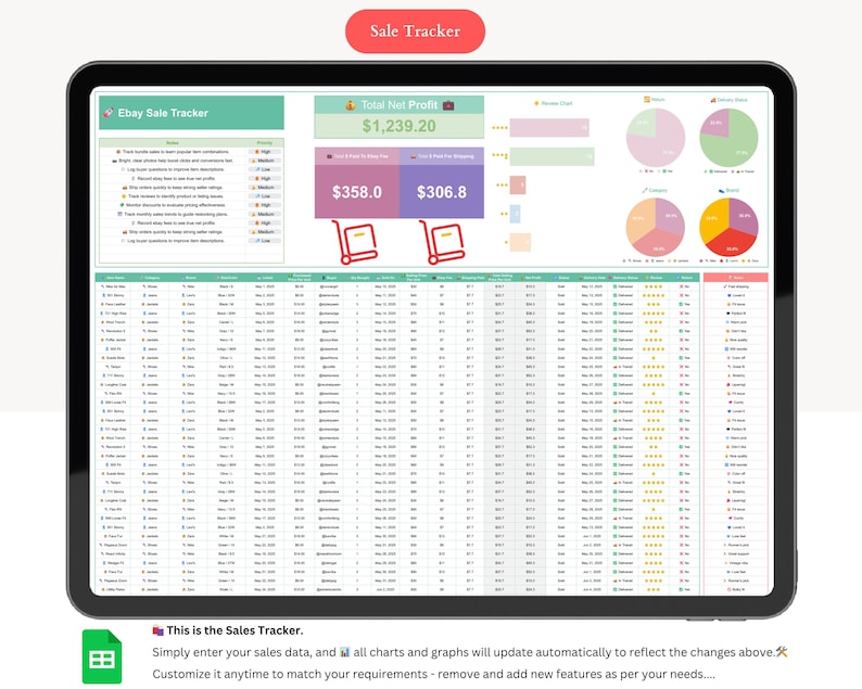 May include: A digital tablet displays a spreadsheet titled "Ebay Sale Tracker." The screen shows charts, graphs, and data tables with financial information. The text "Total Net Profit" is visible, along with other financial metrics. The words "Sale Tracker" are at the top.