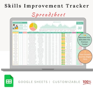 Puede incluir: Una plantilla de hoja de cálculo de Google Sheets colorida para realizar un seguimiento de la mejora de las habilidades. La hoja de cálculo incluye un gráfico de progreso, un gráfico circular y una tabla con 30 columnas. El texto "Skyrocket Your Skills With This Premium Tracker" y "Your Growth Journey Begins Here" se muestra en círculos naranja y rosa.