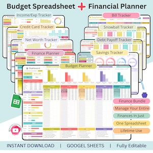 Puede incluir: Un planificador financiero digital con múltiples hojas de cálculo, incluidos rastreadores de presupuesto, ingresos y deudas. La imagen muestra varios gráficos y tablas con el texto "Budget Spreadsheet + Financial Planner", "Instant Download" y "Google Sheets".