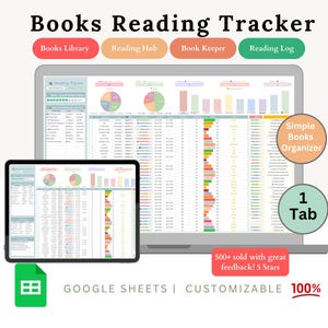 Könnte beinhalten: Ein digitaler Bücher-Lesetracker, der auf einem Laptop und Tablet angezeigt wird. Der Bildschirm zeigt Diagramme und Daten mit Beschriftungen wie "Books Library" und "Reading Log". Das Bild enthält den Text "GOOGLE SHEETS | CUSTOMIZABLE 100%" und "500+ sold with great feedback! 5 Stars."