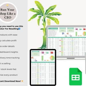 K&ouml;nnte beinhalten: Ein digitales Produkt-Mockup mit einer Tabelle auf einem Laptop, Tablet und Smartphone. Das Bild enth&auml;lt ein gr&uuml;nes Google Sheets-Symbol, eine Bananenbaum-Illustration und den Text "Run Your Shop Like a CEO" und "Instant Download Now!"