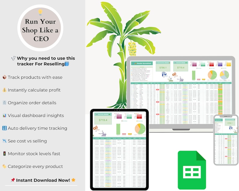 K&ouml;nnte beinhalten: Ein digitales Produkt-Mockup mit einer Tabelle auf einem Laptop, Tablet und Smartphone. Das Bild enth&auml;lt ein gr&uuml;nes Google Sheets-Symbol, eine Bananenbaum-Illustration und den Text "Run Your Shop Like a CEO" und "Instant Download Now!"
