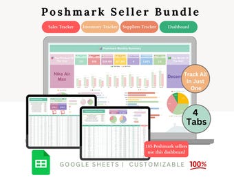 May include: A digital dashboard bundle for Poshmark sellers, featuring sales, inventory, and supplier trackers. The image shows a laptop and two tablets displaying data visualizations and spreadsheets. Text includes "Track All In Just One" and "185 Poshmark sellers use this dashboard."