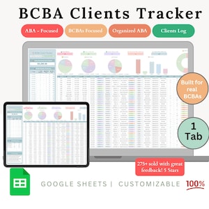Może przedstawiać: Cyfrowy wyświetlacz BCBA Clients Tracker na laptopie i tablecie. Ekran pokazuje wykresy i tabele danych. Tekst zawiera "ABA-Focused", "BCBAs Focused", "Organized ABA", "Clients Log", "Built for real BCBAs", "1 Tab", "275+ sold with great feedback! 5 Stars", "GOOGLE SHEETS | CUSTOMIZABLE 100%".