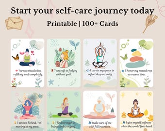 May include: Printable self-care cards featuring yoga poses and motivational quotes. The cards are illustrated with various colours and designs, with text that reads "Start your self-care journey today" and "100+ Cards". The cards are designed to inspire self-reflection.