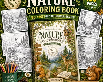 May include: A "Nature Coloring Book" with 160+ pages, featuring detailed nature scenes, animals, and peaceful escapes. Includes a green mug with colored pencils, and the text "Explore, Relax, Create".