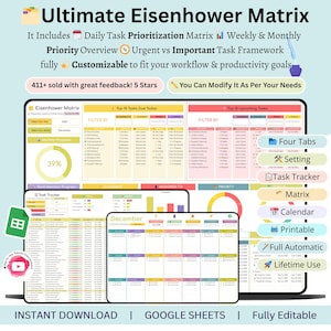 May include: Digital Eisenhower Matrix template with a clean, organized layout. The image displays a task prioritization system with charts, calendars, and the text "Ultimate Eisenhower Matrix". It includes features like daily and weekly task management.