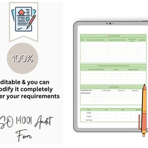 May include: A digital tablet displays an ISO 14001 Audit Form with green and white sections. A pen rests on the screen. Text includes "Editable & you can modify it completely as per your requirements" and "ISO 14001 Audit Form."