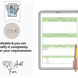 May include: A digital ISO Audit Form displayed on a tablet. The form has green and white sections for nonconformities, observations, and audit summaries. A pen rests on the screen. Text reads: "Editable & you can modify it completely as per your requirements."