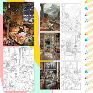 Puede incluir: Una colecci&oacute;n de impresiones art&iacute;sticas digitales que presentan escenas de interiores acogedoras. Una impresi&oacute;n muestra a una persona leyendo junto a una chimenea, otra representa a una persona en un balc&oacute;n con vistas a las monta&ntilde;as, y otras muestran escenas de cocina y dormitorio. Las impresiones son en color y en blanco y negro.