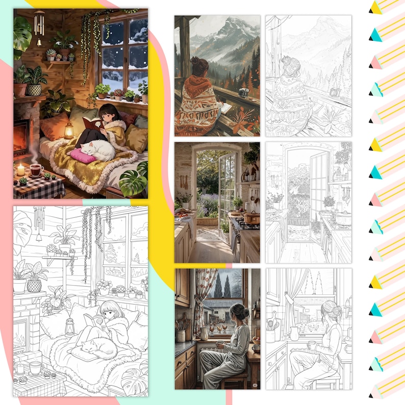 Puede incluir: Una colecci&oacute;n de impresiones art&iacute;sticas digitales que presentan escenas de interiores acogedoras. Una impresi&oacute;n muestra a una persona leyendo junto a una chimenea, otra representa a una persona en un balc&oacute;n con vistas a las monta&ntilde;as, y otras muestran escenas de cocina y dormitorio. Las impresiones son en color y en blanco y negro.