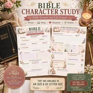 May include: Two printed Bible character study sheets featuring sections for character overview, traits, scripture connection, and life lessons. The pages include floral illustrations, a dove, and text headers like Bible Character Study and Character Reflection.