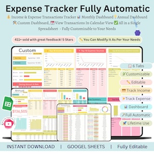 Könnte beinhalten: Ein digitaler Ausgaben-Tracker mit hellblauem Hintergrund. Das Bild zeigt eine Tabelle mit mehreren Registerkarten und Diagrammen. Der Text enthält "Expense Tracker Fully Automatic", "Anpassbar" und "Sofort-Download".