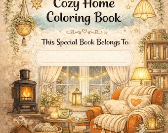 Puede incluir: Ilustración en acuarela de un "Cozy Home Coloring Book" con una escena interior cálida. La imagen presenta una chimenea, un sillón y una estantería, creando un ambiente relajante. El libro tiene un espacio para escribir "This Special Book Belongs To:"