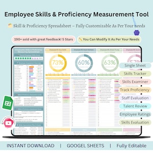 Op de afbeelding: Een digitaal hulpmiddel voor het meten van vaardigheden en vaardigheid van werknemers, weergegeven op een laptopscherm. De spreadsheet is volledig aanpasbaar en bevat functies zoals een vaardigheidstracker, examinator en personeelsevaluatie.