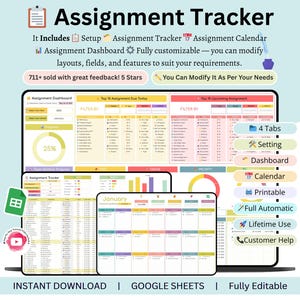 Puede incluir: Seguimiento de tareas digital con un diseño limpio y organizado. La imagen muestra varias vistas, incluyendo un panel, calendario y opciones de configuración. El texto destaca características como la personalización, compatibilidad con Google Sheets y descarga instantánea. El diseño es en tonos verdes, amarillos y rosas.