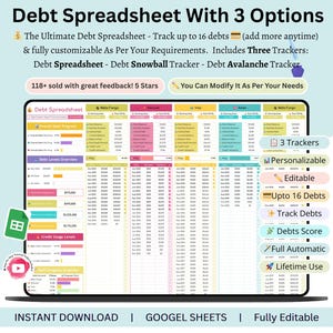 May include: A digital debt spreadsheet displayed on a laptop screen. The spreadsheet includes three trackers, is fully customizable, and tracks up to 16 debts. Text on the screen includes "Debt Spreadsheet" and "Instant Download."