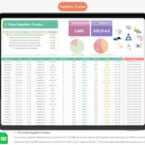 May include: A digital tablet displaying an "Ebay Suppliers Tracker" spreadsheet. The screen shows data tables, charts, and text, including "Total Qty Purchased" and "Total Cost". The text at the bottom says "This is the Suppliers Tracker."