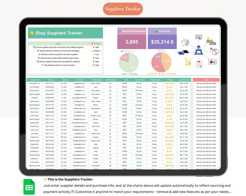 May include: A digital tablet displaying an "Ebay Suppliers Tracker" spreadsheet. The screen shows data tables, charts, and text, including "Total Qty Purchased" and "Total Cost". The text at the bottom says "This is the Suppliers Tracker."