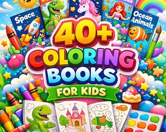 Puede incluir: Ilustración colorida de libros para colorear infantiles, con títulos como "Dinosaurios", "Unicornios" y "Sirenas". La imagen muestra el texto "40+ Coloring Books For Kids" e incluye lápices de colores y dibujos.