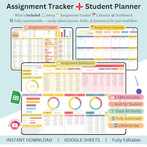 May include: Digital assignment tracker and student planner with a light blue background. The image shows three different views of the planner, including an assignment tracker, calendar, and dashboard. The text includes "Fully Customizable" and "Instant Download."