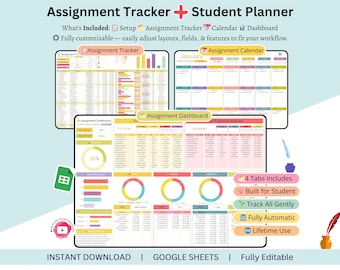 May include: Digital assignment tracker and student planner with a light blue background. The image shows three different views of the planner, including an assignment tracker, calendar, and dashboard. The text includes "Fully Customizable" and "Instant Download."