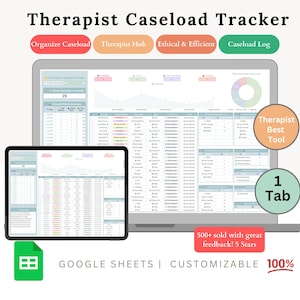 Könnte beinhalten: Ein digitaler Therapeuten-Caseload-Tracker, der auf einem Laptop und Tablet angezeigt wird. Die Oberfläche enthält Diagramme, Tabellen und den Text "Caseload organisieren", "Therapeuten-Hub" und "Caseload-Protokoll". Das Bild enthält auch den Text "Bestes Therapeuten-Tool" und "1 Tab".