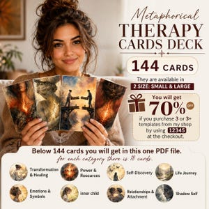 May include: A Metaphorical Therapy Cards Deck featuring 144 cards in two sizes. The set includes categories such as Transformation & Healing, Power & Resources, Self-Discovery, Life Journey, Emotions & Symbols, Inner Child, Relationships & Attachment, and Shadow Self.