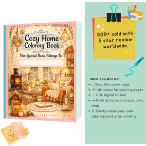 Puede incluir: Un "Cozy Home Coloring Book" con una ilustraci&oacute;n detallada de una escena de sala de estar. La portada presenta texto y un espacio para escribir el nombre del propietario. Incluye una lista de caracter&iacute;sticas: hermosa portada, 140 p&aacute;ginas para colorear, formato PDF y opciones de impresi&oacute;n.