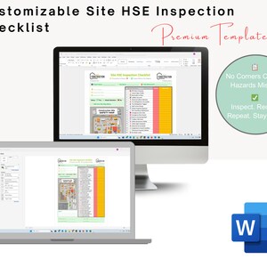 K&ouml;nnte beinhalten: Ein Computerbildschirm zeigt eine anpassbare HSE-Inspektionscheckliste f&uuml;r Baustellen in einem Microsoft Word-Dokument an. Die Checkliste enth&auml;lt einen Sicherheits-Plan und eine Liste der zu inspizierenden Punkte. Der Text "No Corners Cut, No Hazards Missed. Inspect. Record. Repeat. Stay Safe." wird auf der rechten Seite des Bildes angezeigt.